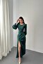 Women's Emerald Satin Dress Long Sleeve Side Gathered Slit Maxi Event Dress - 2