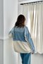 Women's Blue Denim Jacket with Knitwear Trim, Shirt Collar, Buttoned Pocket Detail, Long Sleeves - 6