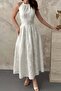 Women's Ecru Halter Neck Embroidered Lined Cotton Flared Maxi Dress - 4