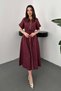 Women's Burgundy Linen Belted Buttoned Pocket Detailed Midi Shirt Dress