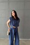 Women's Navy Blue Blouse Pants Set Modal Crop Blouse High Waist Wide Leg Pants Two Piece Set - 2