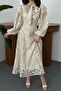 Women's Beige Scarf Collar Floral Patterned Balloon Sleeve Lined Midi Dress - 4