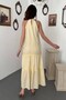 Women's Yellow Maxi Dress with Guipure Stripes, Layered, High Neck, Sleeveless, Woven - 5