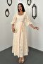 Women's Beige Brode Embroidered Square Neck Balloon Sleeve Belted Lined Long Flared Dress