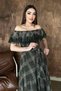 Women's Khaki Plaid Carmen Collar Lace Detailed Belted Midi A-Line Dress - 3