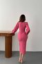 Women's Fuchsia Midi Pencil Dress Wide U-Neck Chain Detailed Balloon Sleeves Slit - 5