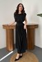 Women's Black Skirted Jumpsuit Dress Round Neck Gathered Waist Midi Flowy - 2