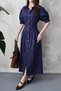Women's Navy Blue Shirt Collar Balloon Sleeve Pleated Buttoned Midi Poplin Dress - 4