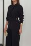 Women's Black Double Suit Shirt Collar Belted Wide Leg Straight Woven Long Sleeve - 4