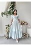 Women's Blue Midi Dress with Plaid Pattern, Ruffle Collar, Balloon Sleeves and Lace Detail - 4