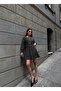 Women's Black - Black Dress Set Mini Dress and Short Jacket Set Square Collar Plaid Textured Flared