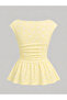 Light Yellow Women's Polka Dot Boat Neck Ruffle Hem Blouse - 2