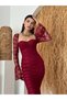 Women's Burgundy Midi Dress Sweetheart Neckline Floral Patterned Tulle Long Spanish Sleeves - 3