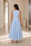 Women's Blue Square Neck Low Waist Gathered Long Dress - 5