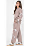 Girl's Stoned Bow Detailed Wide-Leg Model Two-Thread Light Brown Color Tracksuit Set - 2