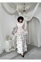 Women's Coffee Color Chiffon Floral Patterned Layered Flounce Belted Long Dress - 3