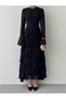 Women's Black Midi Dress with Crew Neck, Transparent Sleeves, Layered Flounces, Atlas - 2