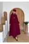 Women's Burgundy Skirt Suit with Stand Collar, Pocket Detail, Single Button, Long Atlas Weaving - 4