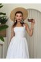 Women's White Halter Neck Square Neck Shirred Skirted Poplin Midi Dress - 5