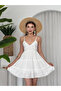 Women's White Mini Dress with Thin Straps, V-Neck, Embroidery Detail, and Open Back - 5