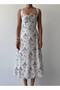 Women's White Floral Patterned Gathered Strap Square Neck Midi Dress - 2
