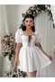 Women's White Mini Dress with Scallop Embroidery, Balloon Sleeves, Ribbon Detail, Square Collar