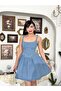 Women's Light Blue Strappy Square Neck Bowknot Zipper Denim Mini Flared Dress - 3