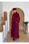Women's Burgundy Skirt Suit with Stand Collar, Pocket Detail, Single Button, Long Atlas Weaving - 6