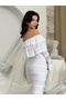 Women's White Strapless Long Sleeve Flounce Lace Midi Bodycon Dress - 6