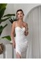 Women's White Strapless Sweetheart Neckline Floral Appliqué Slit Atlas Dress - 4