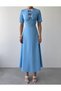 Women's Baby Blue Midi Dress with Stone Bow Detail, Crew Neck, Short Sleeves - 2