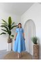 Women's Baby Blue Midi Dress with Stone Bow Detail, Crew Neck, Short Sleeves - 8