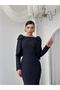 Women's Black Midi Dress with Crew Neck, Bow Detail on the Shoulder and Slit - 3