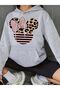 Women's Minnie Printed Black Gray Hooded Kangaroo Pocket Unisex Oversize Sweatshirt