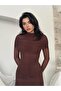 Women's Coffee Midi Dress Draped Gathered Tulle Long Sleeve High Collar - 3
