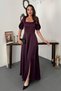 Women's Plum Satin Square Neck Balloon Sleeve Waist Detailed Slit Maxi Dress - 2