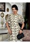 Women's Black Midi Dress Crew Neck Floral Patterned Balloon Sleeves A-Line - 8