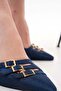Navy Blue Striped Satin 8.5 cm Gold Heel Open Back Buckle Stiletto Shoes - 6