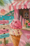 Retro Pink Ice Cream Shop Tropical Patterned 70X150 Beach Towel - Digital Printed Bath Towel - 3