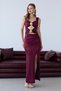 Burgundy Gold Accessory Detailed Low-Cut Draped Long Evening Dress - 4