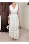 Women's White Maxi V-Neck Lace Detailed Layered Sleeveless Summer Dress - 4