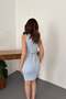 Women's Blue Skirt Suit, High Neck, Sleeveless, Crop Top, Tie Detail, Ribbed Knitted - 5