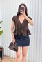 Women's Brown Lace Detailed Tie-Up V-Neck Flounce Peplum Blouse - 3