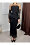 Women's Black Strapless Lace Sleeves Asymmetrical Cut Fish Form Maxi Evening Dress - 4