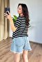Women's Black Striped Crew Neck Short Sleeve Regular Basic T-Shirt - 4