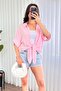 Women's Pink Short Sleeve Tie-Up Kimono Cut Flowy Shirt Collar Blouse - 4