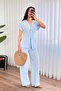 Women's Baby Blue Top and Bottom Set Linen Double Set Single Button V-Neck Lace-Up Wide Leg - 4