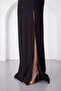 Women's Black Degaje Collar Slit Long Dress - 4