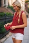 Red Sleeveless Buttoned Pocketed Casual Muslin Woven Blouse 70 60 - 3