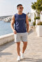 Men's Regular Cut 100% Cotton Crew Neck Sleeveless Elastic Pocket Pajama Set Anti-Sweat - 3